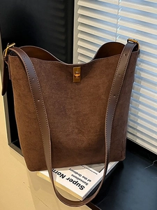 Women Large Capacity Suede Look PU Leather Bucket Bag Minimalist Retro Shoulder Bag With Metal Lock Crossbody Tote For Commuting