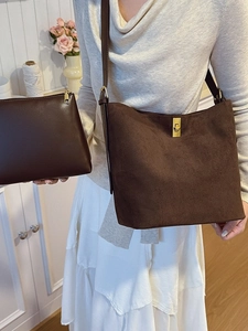 Brown suede tote bag set with golden twist lock and matching leather pouch for women