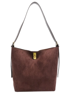 Minimalist large burgundy suede bucket bag with leather strap and gold metal clasp