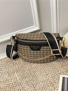 Brown houndstooth crossbody chest bag with wide strap and gold metal chain detail