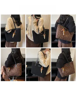 Detail shots of black and leopard print tote bags with stylish beaded tassel charms