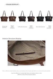 Detail view of large tote bags in brown, coffee and black with striped lining and bear charm