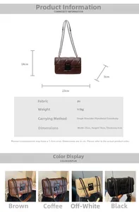 Size guide for retro quilted crossbody bag showing dimensions and four available colors