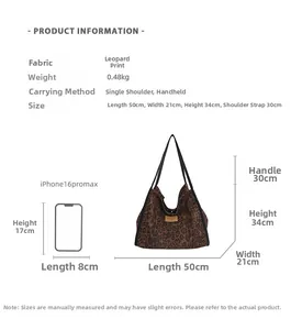 Size chart for leopard print suede tote bag showing dimensions and iPhone comparison