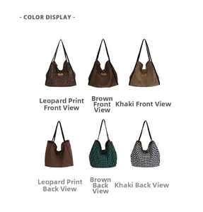 Detailed color display of faux suede tote bags in leopard, brown, and khaki patterns