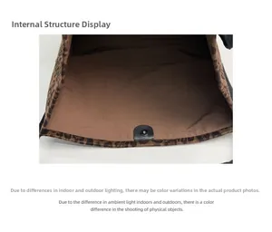 Internal view of leopard print canvas tote bag featuring brown lining and magnetic closure