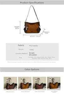 Detailed size specifications and fabric parameters for the suede tote shoulder bag