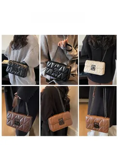 Detailed views of vintage quilted chain bag in multiple colors with metal twist lock