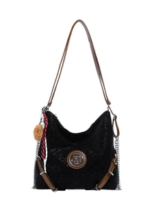 Large black leopard embossed tote bag with brown leather strap and chain detail