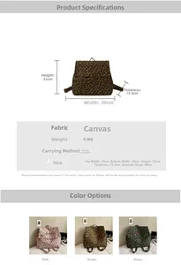 Detailed size specifications and color comparison of the leopard print canvas backpack