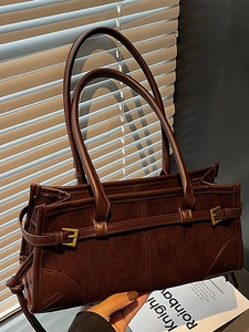 Vintage Faux Suede Patchwork Shoulder Bag For Women Retro Underarm Bag With Metal Buckle Large Capacity Tote Handbag