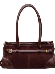 Deep brown suede tote bag with vintage gold buckles and smooth faux leather trim details