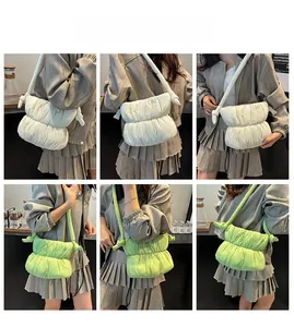Quilted cloud bucket bag in beige and neon green colors shown in lifestyle settings
