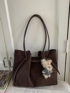 Retro large brown suede tote bag with cute dog pendant and long shoulder straps