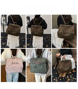 Detailed views of vintage leopard print backpacks in various colors worn by models in daily use
