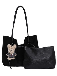Black faux suede tote bag set with matching small pouch and plush bear charm