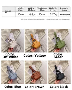 Detailed size chart and multi-color options for the mini PU chain bucket shoulder bag
