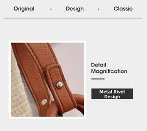 Close-up of litchi texture brown leather strap and polished hardware rivet detail