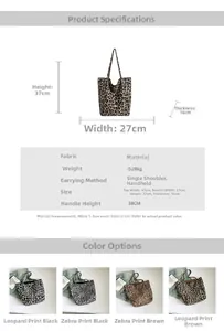 Detailed size chart and dimensions of the leopard print canvas tote bag with strap measurements
