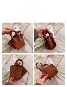 Detailed views of brown leather bucket bag with chain strap and lychee grain texture