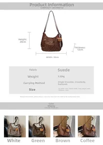 Detailed size chart and material specs for the leopard print faux suede shoulder bag