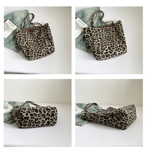 Detailed views of leopard print tote bag with brown straps and plush texture material