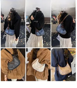 Collage showing various colors of vintage half-moon shoulder bags worn in different settings