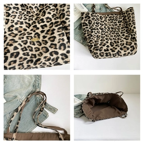 Detail of plush leopard print tote bag with handmade metal tag and spacious interior