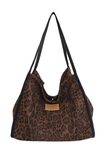 Large leopard print canvas tote bag with black straps and vintage pattern design