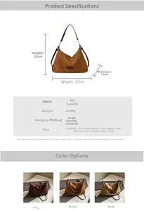 Detailed size chart and multi-color display of large suede shoulder bag for women