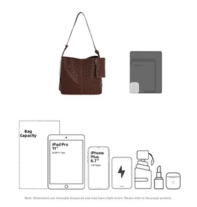 Brown leopard print tote bag capacity guide showing space for iPad Pro and daily essentials