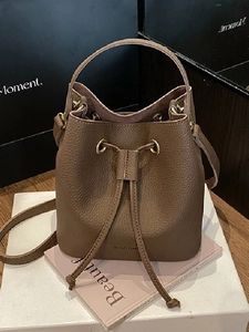 Women PU Leather Lychee Pattern Bucket Bag Fashion Drawstring Shoulder Crossbody Bag Large Capacity Handbag Casual Daily Bag