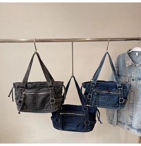 Detailed comparison of denim tote bags in charcoal grey, deep blue and mid blue colors