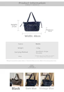 Detailed size chart and specifications for the vintage denim tote bag with measurements