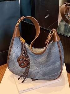 Vintage Women's PU Denim Hobo Bag Retro Half Moon Axillary Shoulder Bag With Pendant Functional Commuter Handbag For Ladies
