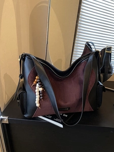 Retro Patchwork Suede Leather Tote Bag For Women Large Capacity Shoulder Bag With Bead Charm Vintage Commuter Hobo Handbag