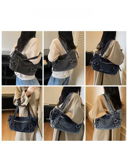 Detail shots of a retro denim hobo bag featuring multiple zip pockets and fashion print