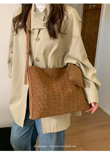 Detail of leopard print suede tote bag with a matching mini coin purse attachment