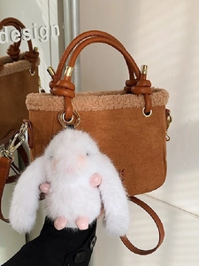 Borsa a Secchiello da Donna in PU con Pelliccia Sintetica Ciondolo Coniglio di Peluche Invernale Piccola Borsa a Tracolla Autunno