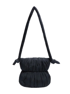 Black quilted cloud shoulder bag with pleated nylon fabric and padded knot straps
