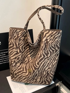 Borsa Tote da Donna a Grande Capacità Stampa Animale Zebra Leopardata Peluche Borsa a Tracolla Casual Invernale da Pendolare