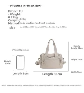 Detailed size chart for the PU leather travel bag showing dimensions and phone comparison