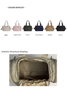 Detailed view of large travel bag interior compartments and six available color options