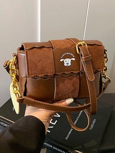 Sac Bandoulière Femme en Cuir PU Suède Sac Oreiller Tissé Avec Pendentif Chien Donut Chaîne Sac à Épaule Casual