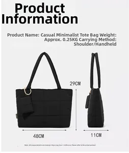 Detail view of black quilted tote bag with size 48x29x11cm and small matching pouch