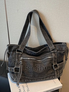 Vintage Washed Denim Tote Bag For Women Large Capacity Letter Embroidered Shoulder Bag Casual Streetwear Shopping Bag Daily Travel