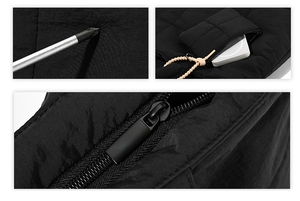 Detail of scratch-resistant black quilted fabric and sturdy zippers on a travel bag
