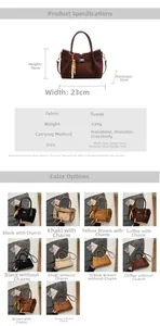 Guía de tallas del bolso cubo de ante con medidas y opciones de color variadas