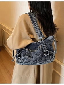 Large capacity vintage denim tote bag with Fashion embroidery and wide strap