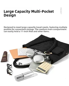Quilted tote bag detail showing large capacity for 11 inch iPad and daily essentials